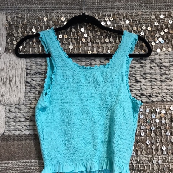 Anthropologie NWT Floreat 'Ruffled Crop Tank' Aqua Blue S smocked - Picture 2 of 7